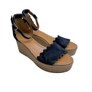 J. CREW Women's 10 Suede Leather Scalloped Flatform Espadrille Shoes Navy Tan